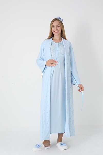 BLACKMORE Women's Blue Jacquard Shawl Collar Lace Design Full Winter Maternity Nightgown-Robe Set