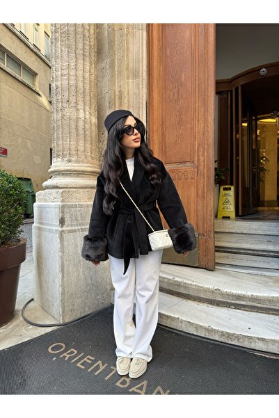 Berf Double-Breasted Collar Belted Cashmere Coat with Fur Detail on the Sleeves