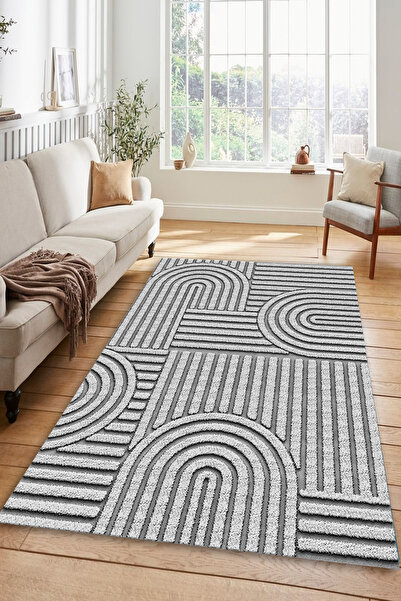 Kessy Home Studio Geometrik Kabartma 3D Salon Halısı Makinede Yıkanabilir Kay...