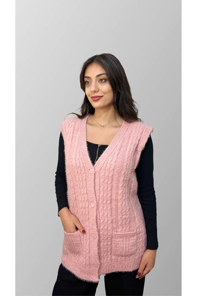 Mako Women's Pink Soft Textured Tricot Vest – Buttoned with Pockets