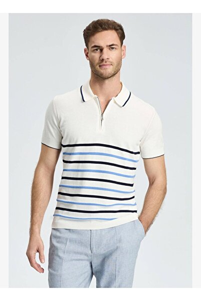 Hemington Fermuar Detaylı Çizgi Desenli Beyaz-Lacivert Giza Pamuk Triko Polo
