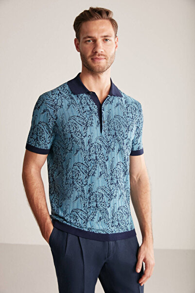 Hemington Etnik Desenli Lacivert-Mavi Giza Pamuk Triko Polo