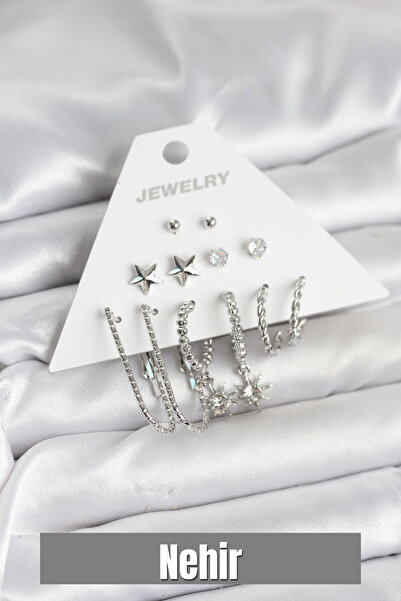 Nehir مجموعة أقراط نحاسية فضية اللون مكونة من 6 قطع هدية لعيد الحب والأمهات و...