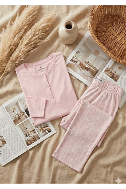 Pierre Cardin Women's Powder Buttoned Double Pocket 50% Cotton 50% Modal Pajama Set - Long Sleeve Open Leg