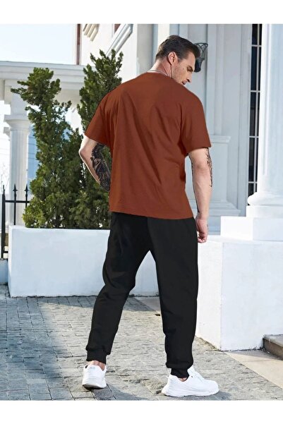 over head oh Men's Brown Vertical Printed Oversize T-shirt Jogger Set
