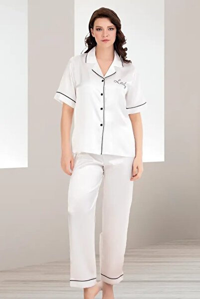 lidofya White satin pajama set with button short sleeves