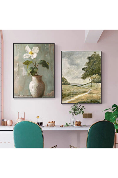 AYHİS DESIGN BEYAZ ÇİÇEK VE AĞAÇ TABLO SETİ, 2'Lİ CAMLI VE ÇERÇEVELİ TABLO SETİ
