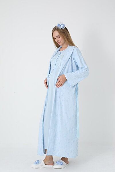 BLACKMORE Women's Blue Jacquard Shawl Collar Lace Design Full Winter Maternity Nightgown-Robe Set
