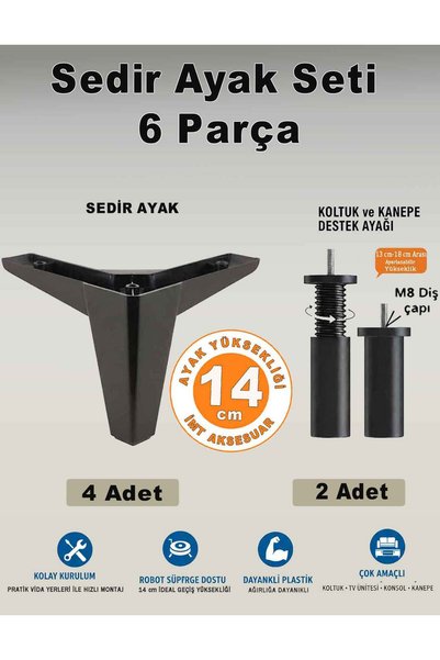 İMT AKSESUAR Sedir 14 Cm Siyah 6'lı Set Mobilya Koltuk Kanepe Tv ünitesi Dola...