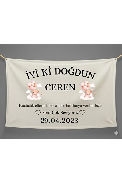 MOİRE Ayıcık Detaylı Doğum Günü Afişi 65x100 Duvar Örtüsü Kişiye Özel Flama P...