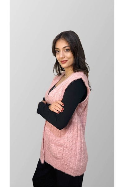 Mako Women's Pink Soft Textured Tricot Vest – Buttoned with Pockets