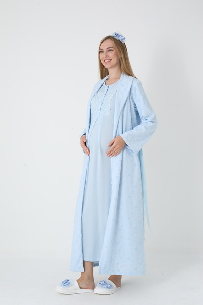 BLACKMORE Women's Blue Jacquard Shawl Collar Lace Design Full Winter Maternity Nightgown-Robe Set
