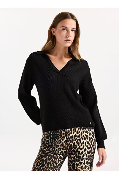 Mustang Siyah Kadın Polo Normal Düz Kazak M4WL-KZK-1914