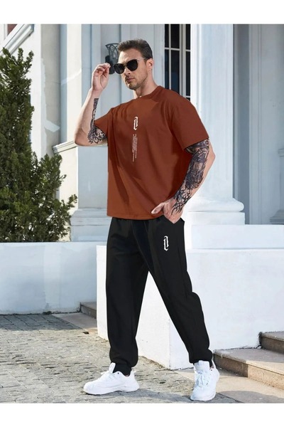 over head oh Men's Brown Vertical Printed Oversize T-shirt Jogger Set