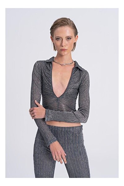 BSL Transparan Polo Yakalı Crop Top