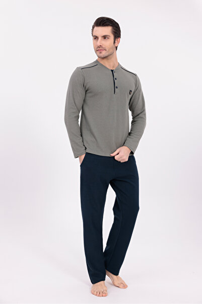 Yulem Homewear Men's Green Half Button Thick Cotton Winter Long Sleeve Men's Pajama Set