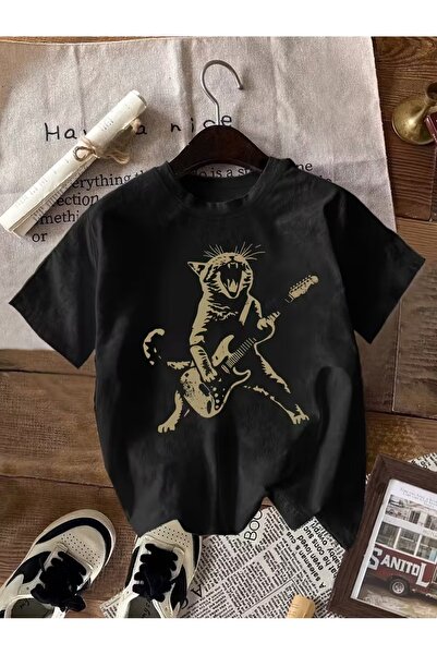 SB BİANCO Kedi Gitar Çalan Baskılı Oversize Unisex Siyah Tişört – Komik ve Co...