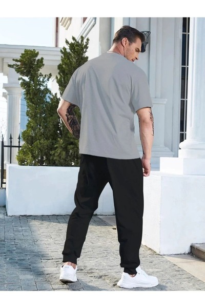 over head oh Men's Gray Vertical Printed Oversize T-shirt Jogger Set