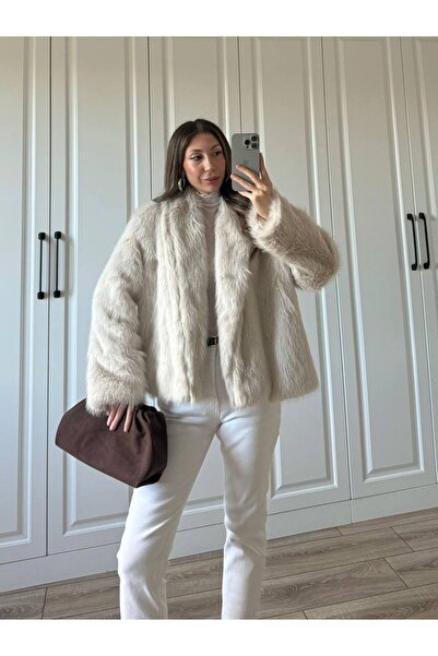 LİNDALİNA TEKSTİL Women's Long Collar Lined Unlined Fur Coat