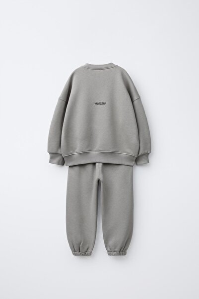 Magu Unisex Children's Cotton Gray Minimal Printed Tracksuit Set – Relaxed Fit