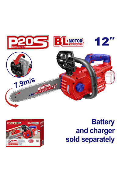 EMTOP Brushless Chain Saw, 30 cm, 20V, without Battery and Charger
