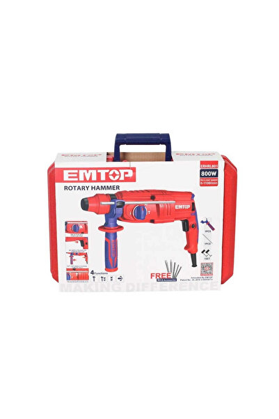 EMTOP Electric Hammer Rotary Hammer ERHRL801, 800W, 2.5J, SDS Plus Chuck, 3 Drills + 2 Chisels