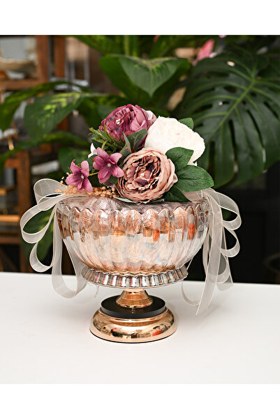 Nadisse Gold Ayaklı Cam Fanus Çiçek Aranjmanı – Söz & Nişan Masa Üstü Dekoru