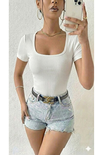 MaxiMor Women's U-Neck Ribbed Knit Fabric Short Sleeve T-Shirt