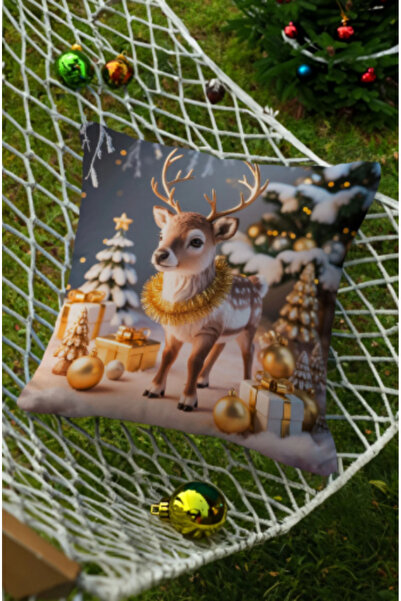 Artvibe Christmas Themed Snowman and Deer Patterned 4-Piece Digital Printed Gift Pillow Cushion Cover