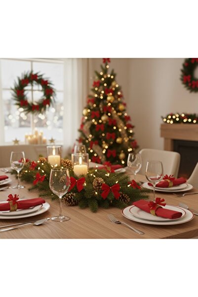 Çınar Aksesuar 15 Pieces Luxury Red Satin Christmas Bow Set |   Tiny Bow 7X5 cm Pine Tree & Gift Package Decoration