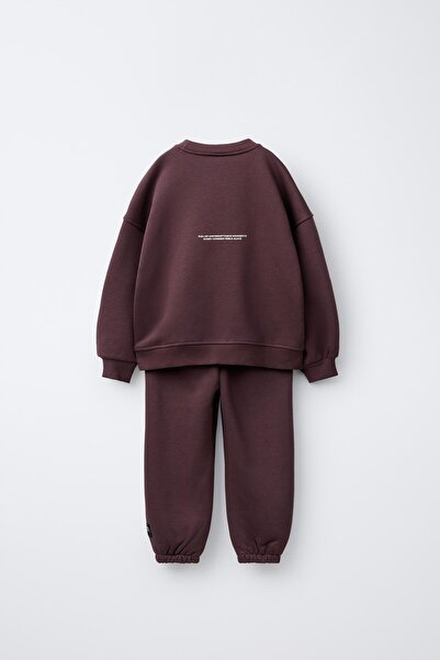 Magu Unisex Children's Cotton Claret Red Minimal Printed Tracksuit Set – Relaxed Fit