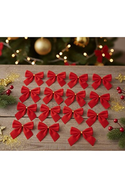 Çınar Aksesuar 15 Pieces Luxury Red Satin Christmas Bow Set |   Tiny Bow 7X5 cm Pine Tree & Gift Package Decoration