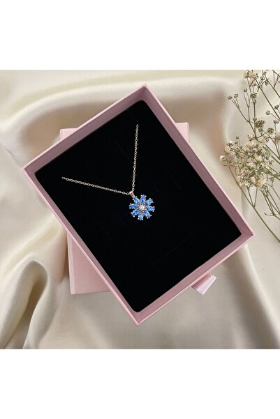 Lovera Jewellery 925 Ayar Gümüş Rose Renk Mavi Taşlı Papatya Çiçeği Kolye