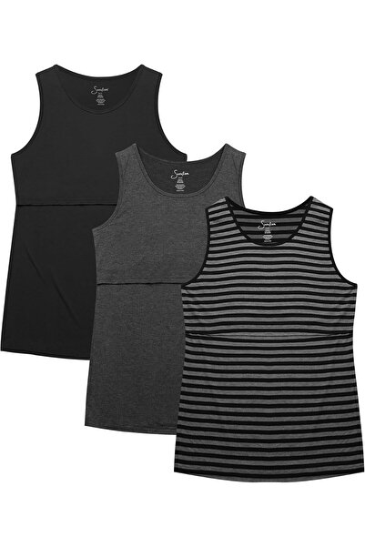 OEM Nursing top, set of 3, elastic, sleeveless, black/dark grey/grey with stripes, size XL