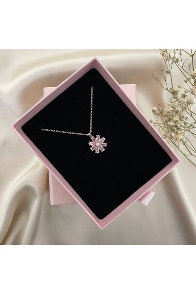 Lovera Jewellery 925 Ayar Gümüş Rose Renk Pembe Taşlı Papatya Çiçeği Kolye