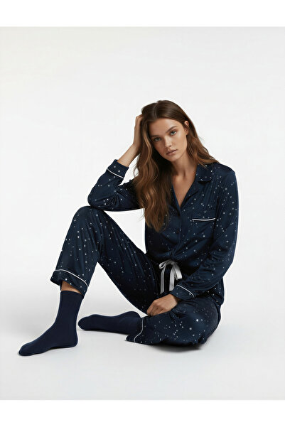 Koton Άνετο μακρυμάνικο πουκάμισο με γιακά με αστέρια βελούδινο μπλουζάκι πιτζάμα