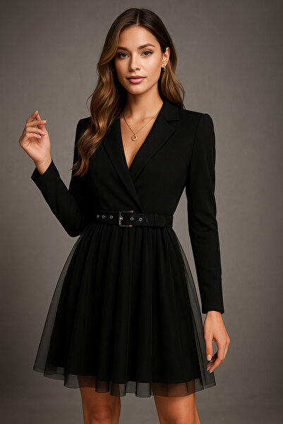 Masspera Kadın Kruvaze Yaka Uzun Kollu Beli Kemerli Tül Detaylı Mini Elbise