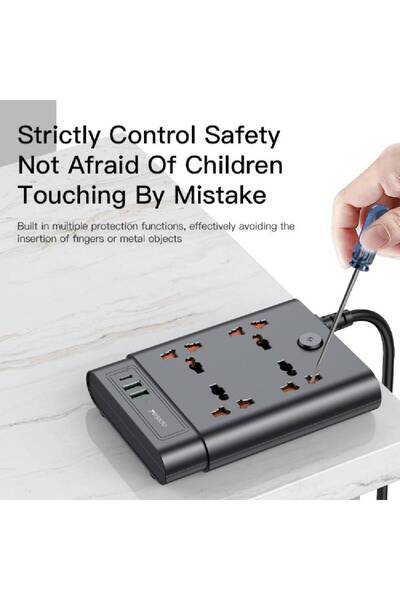 Yesido MC11 7-in-1 Power Socket Extension, 2M Cable, 4 AC, Type-C 20W, Dual USB QC3.0