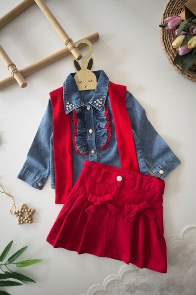 Minigimin Cicileri Set de 3 piese pentru fetiță, cămașă din denim cu detalii ...