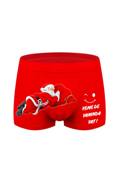 HediyeMania Yemede Yanında Yat Baskılı Yılbaşı Noel Babalı Espirili Kırmızı Erkek Boxer Pamuklu