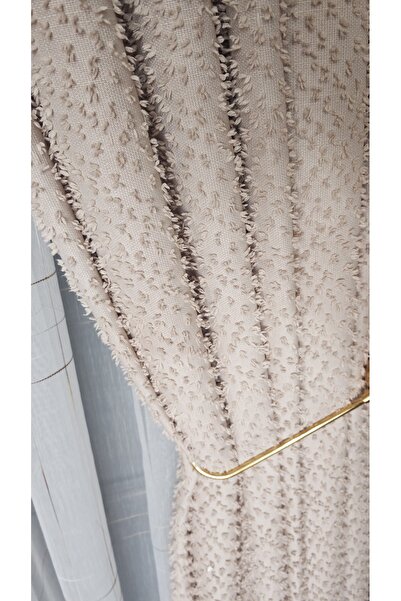 Yuka Beige Panel Background Curtain with Tassels, Single Panel, 1/3 Pleated, Luxury Series, Heavy Weight