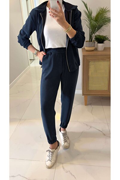 BİRCANÇİL Elara Navy Blue Zippered Hooded Pants Set