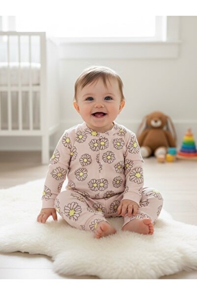 TinyTrend Minik Papatya Bahçesi Çıtçıtlı Pembe Bebek Tulumu