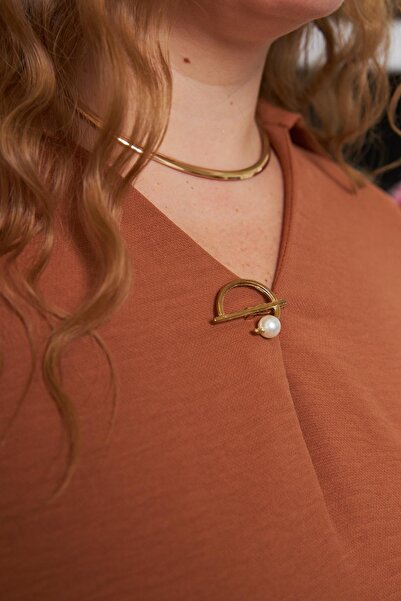 RMG Large Size Blouse with Collar Accessory Detail, Tan