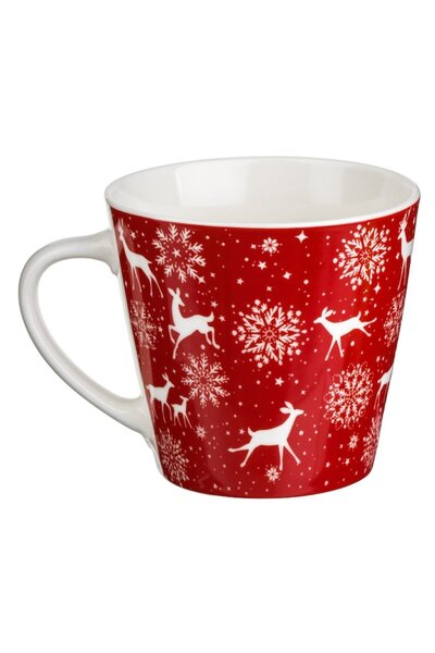 OEM New bone Christmas mug red with reindeer & snowflakes 310ml