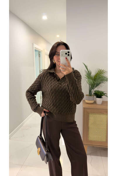 BİRCANÇİL Venus Brown Melange Hair Braided Buttoned Knitwear