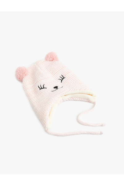 Koton Knitted Beanie with Pom-Pom and Embroidered Cat Figure