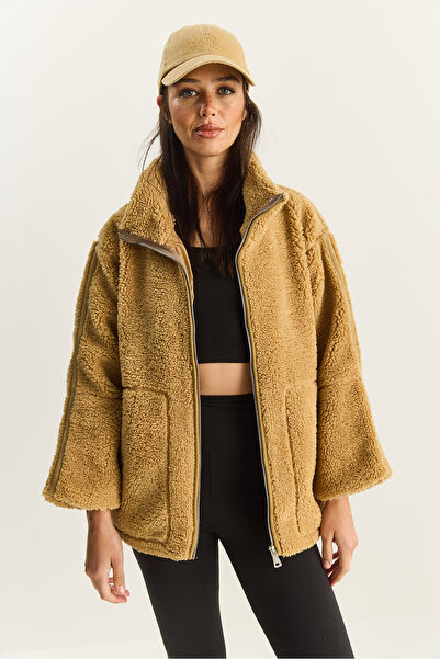 Bianco Lucci Women's Pocket Detailed Zippered Lined Stand Collar Plush Coat 60283631