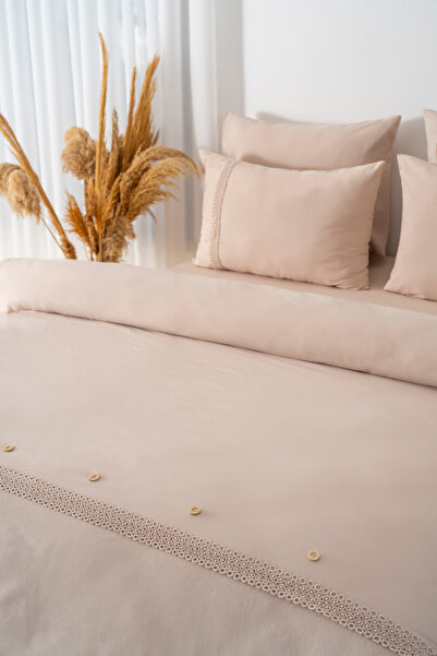Rivaİstanbul Grace Mink Laced Double Size 100% Cotton Duvet Cover Set - 6 Piece Dowry Set