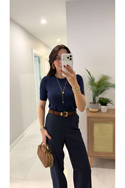 BİRCANÇİL Dlvin Ross Navy Blue Crew Neck Short Sleeve T-Shirt Blouse